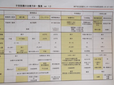 子宮筋腫治療一覧表:薬物療法や動脈塞栓術等の説明は一切なく、全摘のみの説明でした。